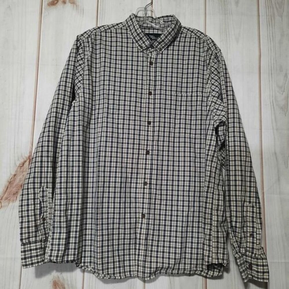 Cedar Wood State Mens XL Gingham Check Button Down‎ Shirt Navy Brown Cotton LS